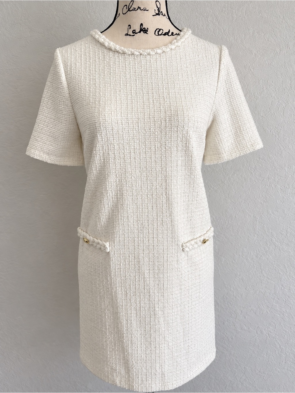 Rachel Zoe Cream Tweed Shift Mini Dress Gold Detail NWT Size S